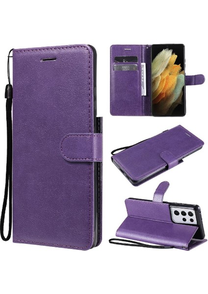 Kart Yuvası Klasik Düz Renk ile Samsung Galaxy S21 Ultra Için Flip Case (Yurt Dışından)