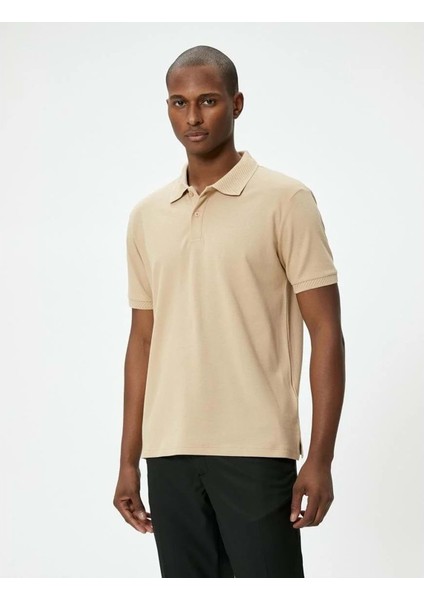 Yakalı Tişört Düğmeli Slim Fit Kısa Kollu - Koton - 4SAM10108MK - Bej - L fırsatları