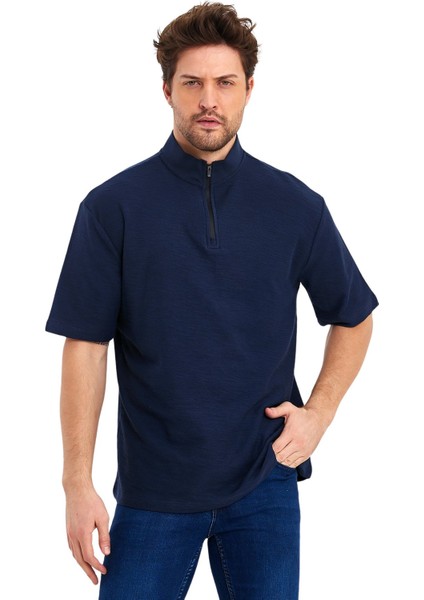 Jakarlı Fermuarlı Hakim Yaka Kısa Kol Oversize Erkek T-Shirt