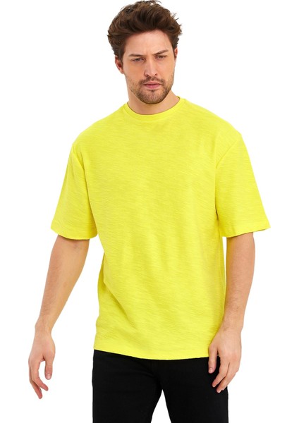 Jakarlı Kumaş Bisiklet Yaka Kısa Kol Oversize Erkek T-Shirt