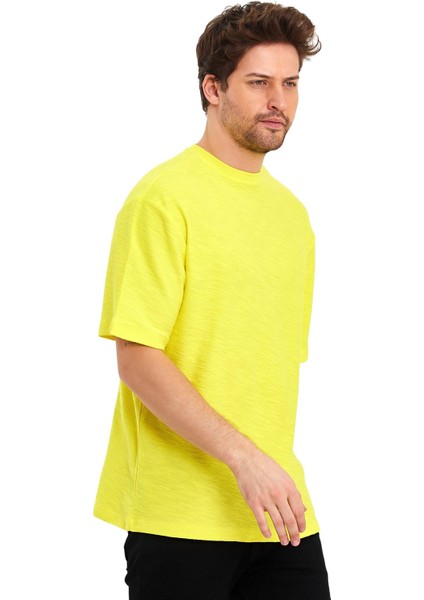 Jakarlı Kumaş Bisiklet Yaka Kısa Kol Oversize Erkek T-Shirt