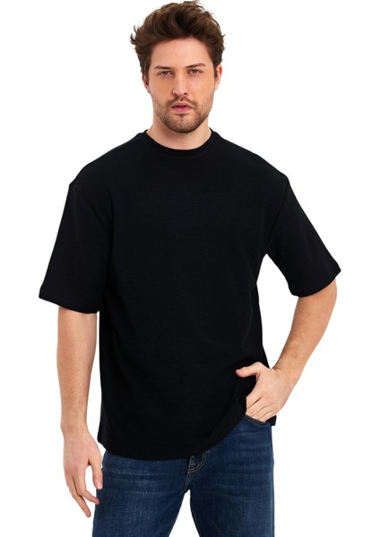 Jakarlı Kumaş Bisiklet Yaka Kısa Kol Oversize Erkek T-Shirt