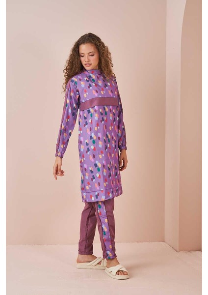 Puantiye Desen Tesettür Mayo Uzun Lila fiyatları