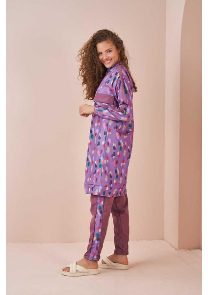 Puantiye Desen Tesettür Mayo Uzun Lila modelleri