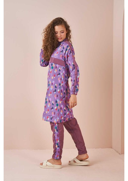 Puantiye Desen Tesettür Mayo Uzun Lila fırsatları