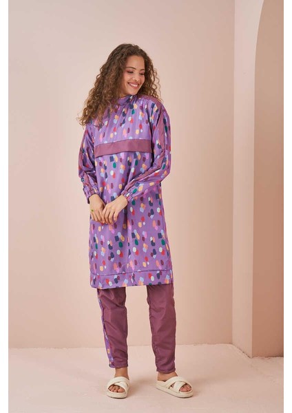 Puantiye Desen Tesettür Mayo Uzun Lila indirimleri