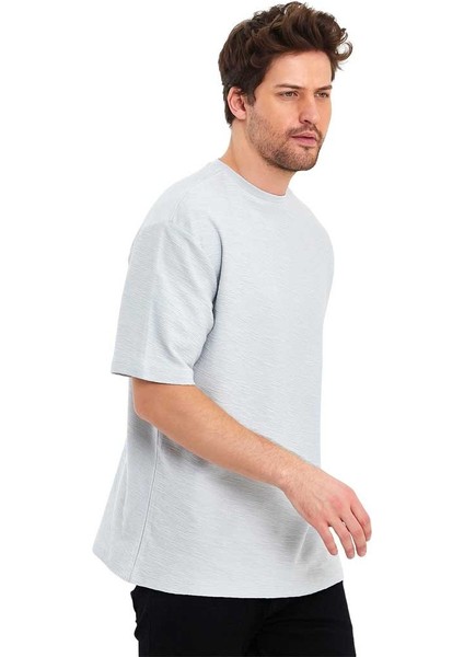 Jakarlı Kumaş Bisiklet Yaka Kısa Kol Oversize Erkek T-Shirt