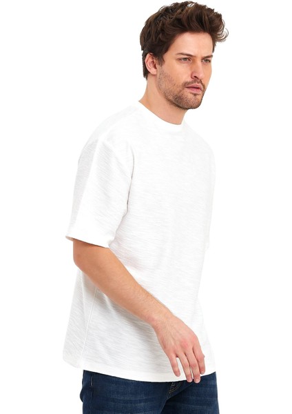 Jakarlı Kumaş Bisiklet Yaka Kısa Kol Oversize Erkek T-Shirt