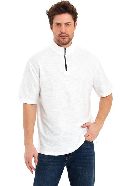 Jakarlı Fermuarlı Hakim Yaka Kısa Kol Oversize Erkek T-Shirt