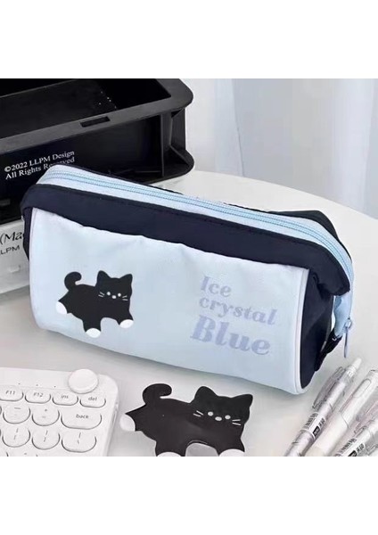 Mavi Siyah Kedi Baskı Büyük Kapasiteli Kalem Kutusu Ins Japon Basit Kırtasiye Öğrenci Kalem Kutusu (Yurt Dışından)