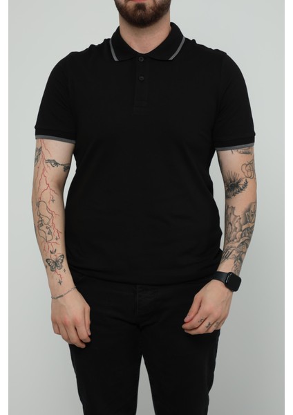 Hscstore Erkek Polo Yakalı Siyah T-Shirt- 8421