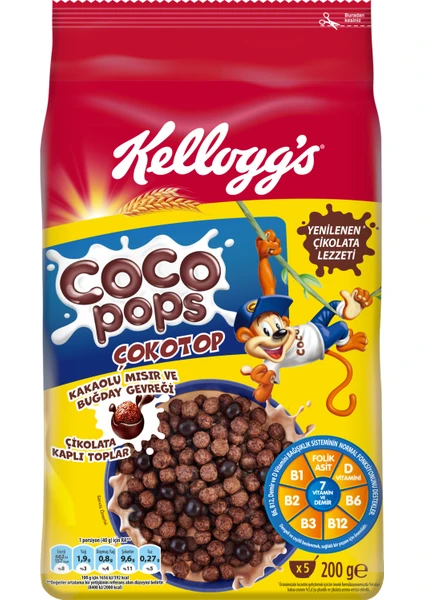 Coco Pops Çokotop Çikolatalı Buğday ve Mısır Gevreği 200 Gr, Lif, Demir ve 6 Vitamin içerir