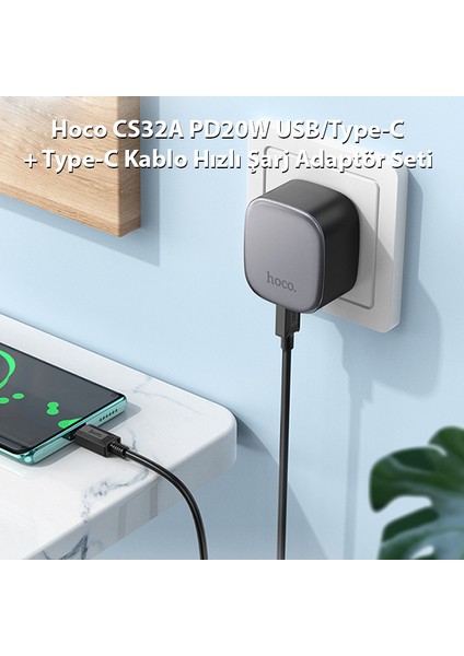 CS32A PD20W Usb+Type-C + Type-C Kablo Hızlı Şarj Adaptör Seti