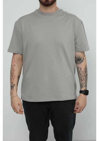 Hscstore Erkek Bisiklet Yakalı Kül Rengi Tişört - 8417