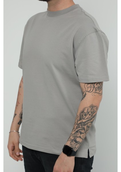 Hscstore Erkek Bisiklet Yakalı Kül Rengi Tişört - 8417
