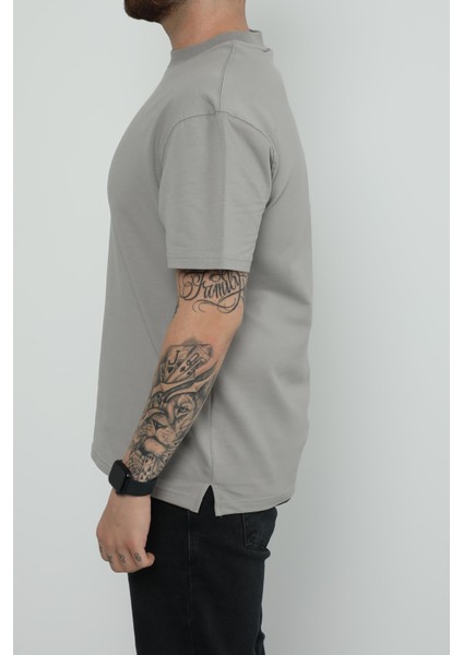 Hscstore Erkek Bisiklet Yakalı Kül Rengi Tişört - 8417