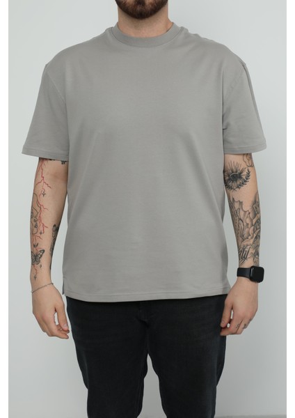 Hscstore Erkek Bisiklet Yakalı Kül Rengi Tişört - 8417