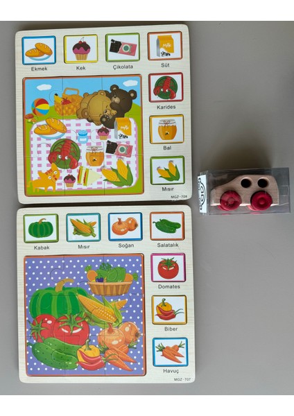 Ahşap Set 2ADET Puzzle Bultak ve 1ADET Ahşap Araba Hayvanlar,şekiller Eşleştirme Yapboz Eğitici +2 YAŞ