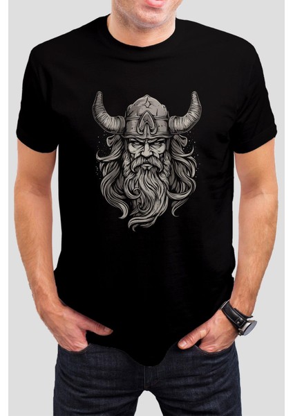 Viking Baskılı Siyah Unisex T-Shirt C490