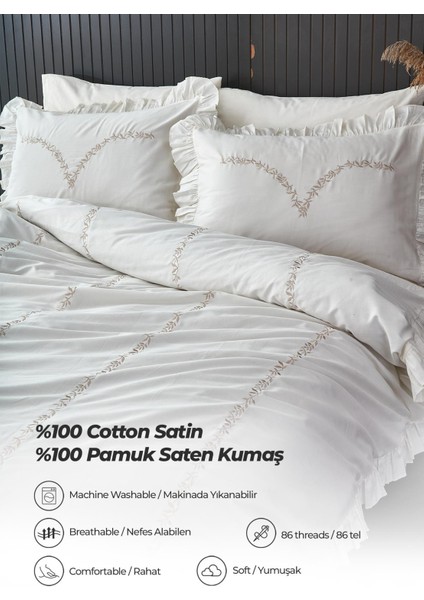 Evlen Home Collection Nakışlı Pamuk Saten Fırfırlı Nevresim Takımı Çift Kişilik 6 Parça Armi