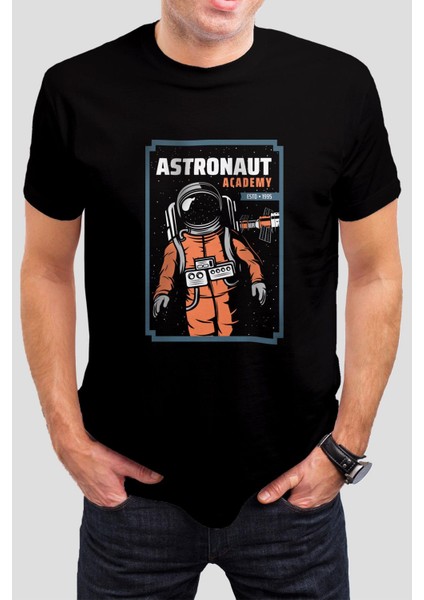 Astronot Akademi Baskılı Siyah Unisex T-Shirt C480