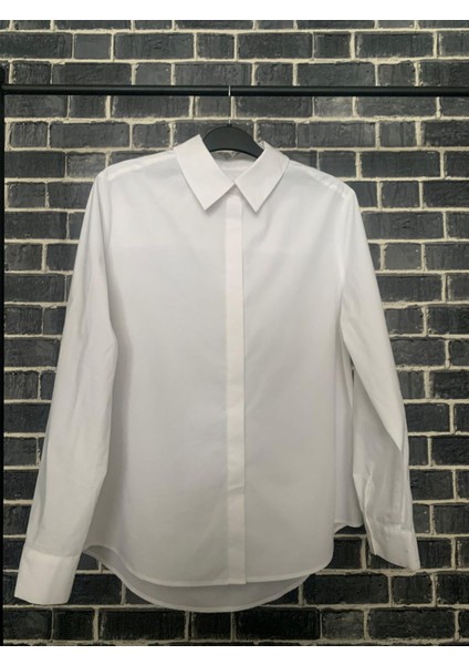 Beyaz Gizli Düğmeli Slim Fit Poplin Gömlek