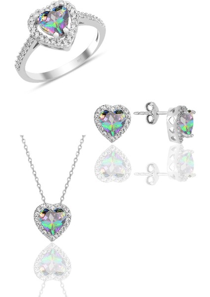 Gümüş Rodyumlu Mistik Taşlı Pırlanta Montürlü Kalp Modeli Üçlü Set SGTL12080MISTIK