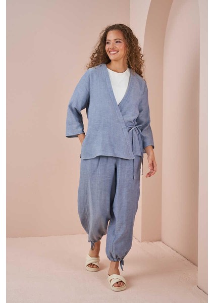 Kruvaze Kimono Müslin Bluz Mavi fiyatları