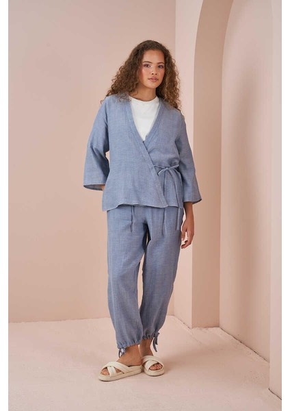 Kruvaze Kimono Müslin Bluz Mavi fırsatları