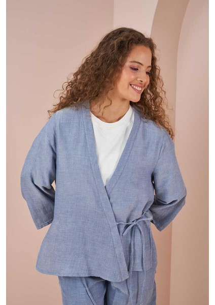 Kruvaze Kimono Müslin Bluz Mavi indirimleri
