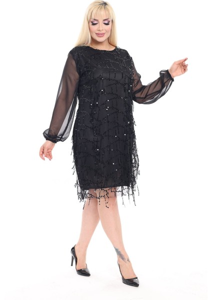 Siyah Salkım Payetli Büyük Beden Abiye Elbise 22E-2377