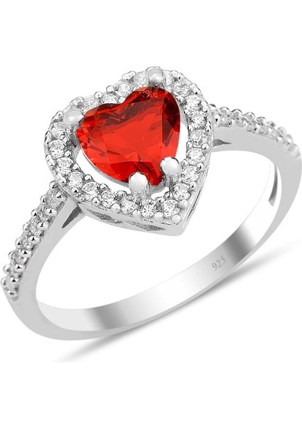 Gümüş Rodyumlu Kırmızı Taşlı Pırlanta Montürlü Kalp Modeli Üçlü Set SGTL12080KIRMIZI modelleri