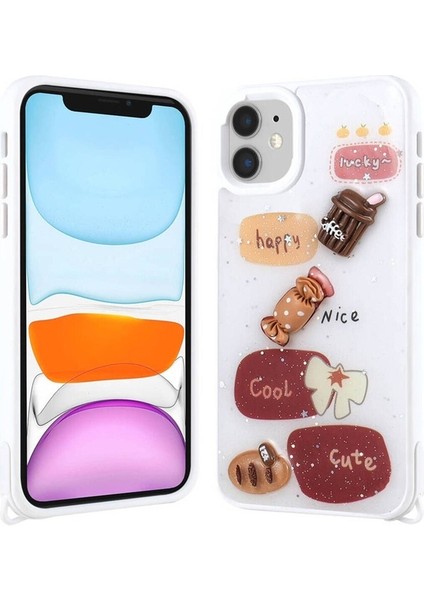 Apple iPhone 11 Uyumlu Kılıf Parlayan Sıvılı Simli Kabartma Figürlü Cevze Kapak, Beyaz