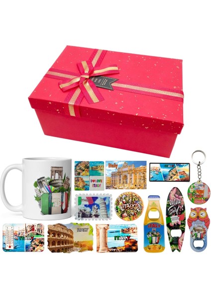 Italya Hediye Kutusu 10 Parça Kupa Magnet Anahtarlık Kutu