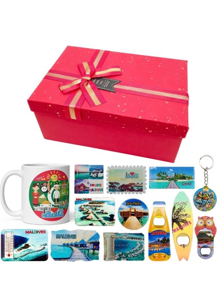 Maldivler Hediye Kutusu 10 Parça Kupa Magnet Anahtarlık Kutu