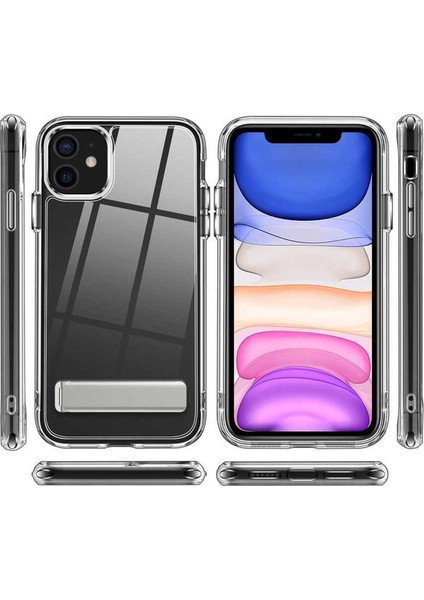 Apple iPhone 12 Uyumlu Kılıf Standlı Şeffaf Silikon L-Stand Kapak