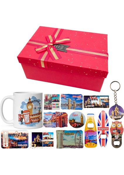 Ingiltere Hediye Kutusu 10 Parça Kupa Magnet Anahtarlık Kutu