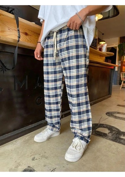 Limited Edition Krem Y2K Ekose - Kareli Desen Model Bol Paça Relaxed Unisex Oversize Pijama Altı