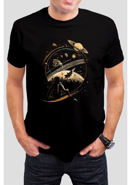 Uzay Astronot Baskılı Siyah Unisex T-Shirt C478