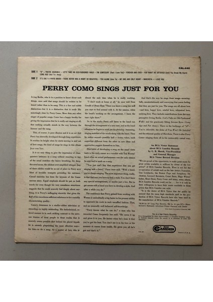 Perry Como Sings Just For You Lp Plak (Orjnal Dönem Amerika Baskı Plak)