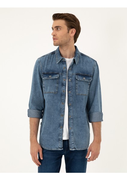 Erkek Koyu Mavi Regular Fit Uzun Kollu Jean Gömlek 50288244-VR032
