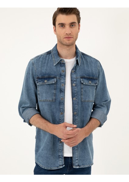 Erkek Koyu Mavi Regular Fit Uzun Kollu Jean Gömlek 50288244-VR032