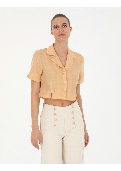 Kadın Bej Keten Karışımlı Slim Fit Crop Gömlek 50284703-VR011