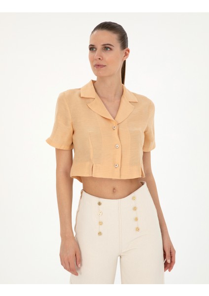 Kadın Bej Keten Karışımlı Slim Fit Crop Gömlek 50284703-VR011 modelleri