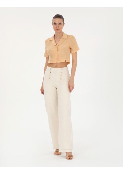 Kadın Bej Keten Karışımlı Slim Fit Crop Gömlek 50284703-VR011 fırsatları