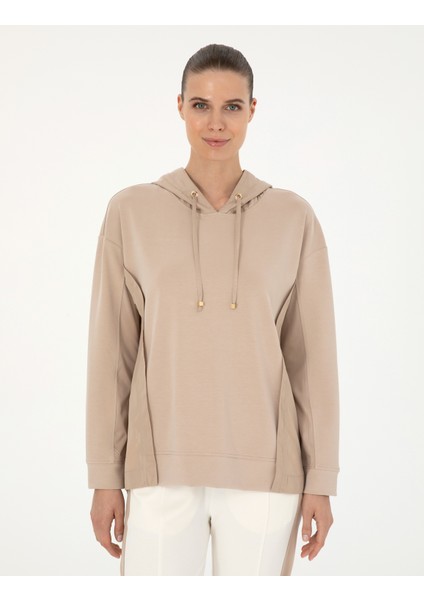 Kadın Bej Oversize Kapüşonlu Modal Kumaş Sweatshirt 50283295-VR011