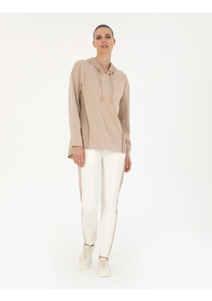Kadın Bej Oversize Kapüşonlu Modal Kumaş Sweatshirt 50283295-VR011