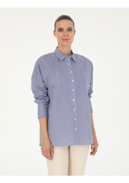 Kadın Lacivert Oversize Uzun Kollu Gömlek 50284550-VR033