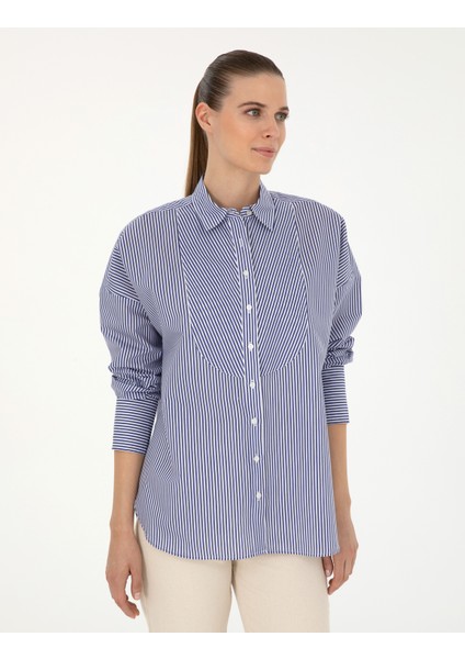 Kadın Lacivert Oversize Uzun Kollu Gömlek 50284550-VR033