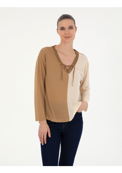 Kadın Bej Comfort Fit Örme Bluz 50283412-VR011